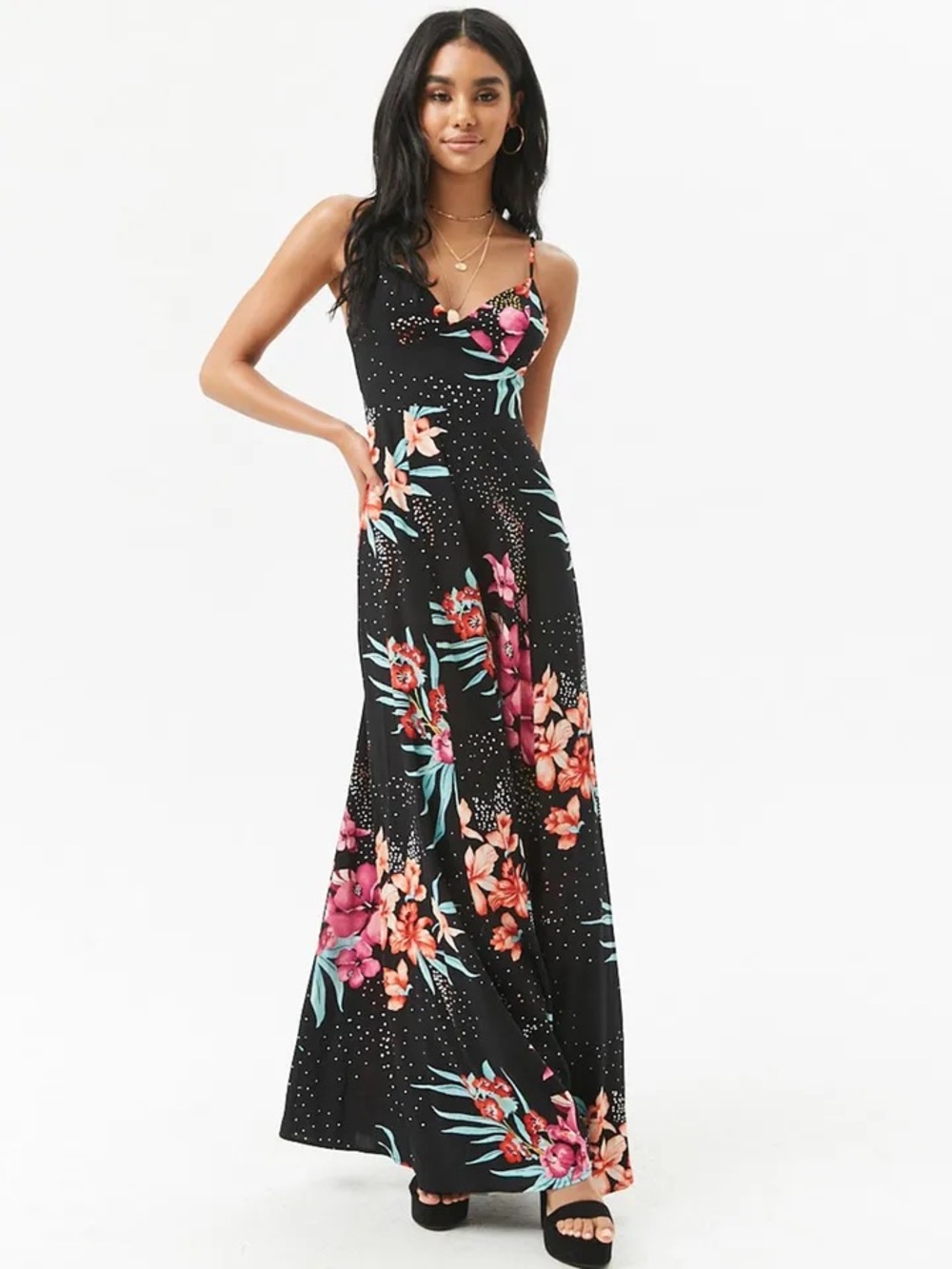 Forever 21 Black Maxi Dress with Pink & Coral Floral Print